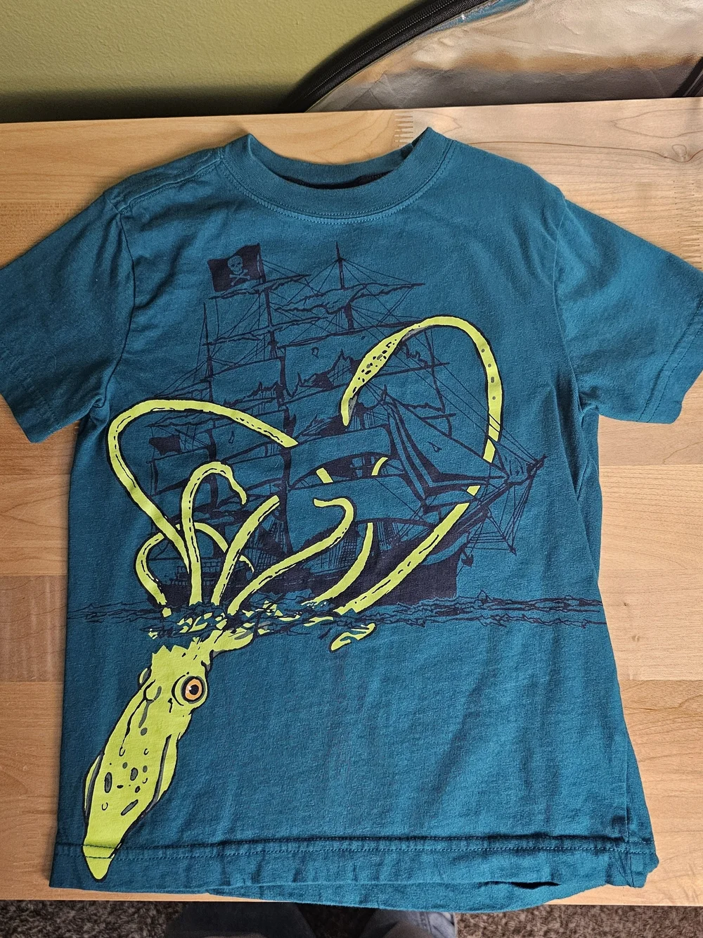 Gymboree Boys S 5-6 Teal Pirate Ship Giant Squid Graphic T-Shirt